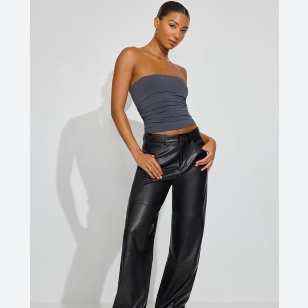 Women Black Wide Leg Leather Pants